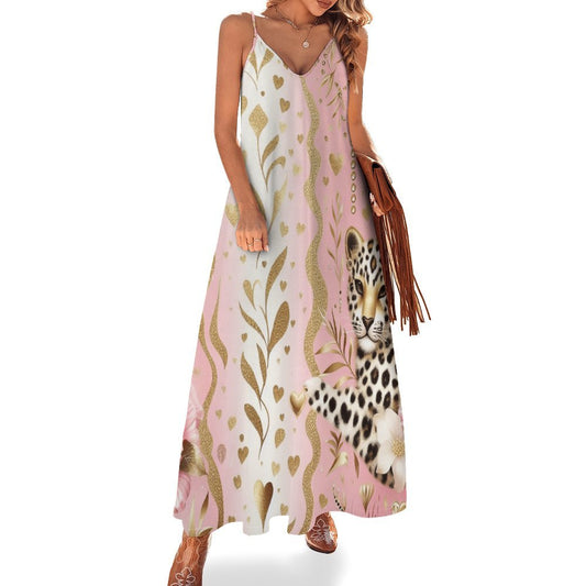 Pink Leopard Floral Spaghetti Strap Ankle-Length Dress Long dress