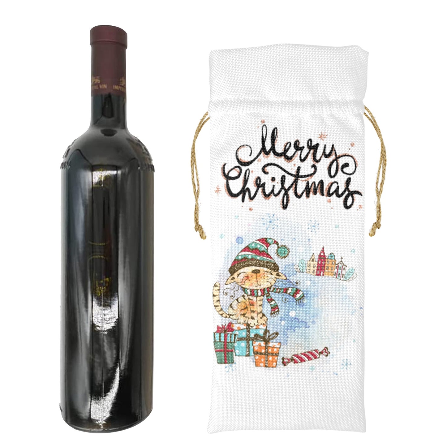 Merry-Xmas Cat Whimsical Christmas Linen Wine Bottle Bag