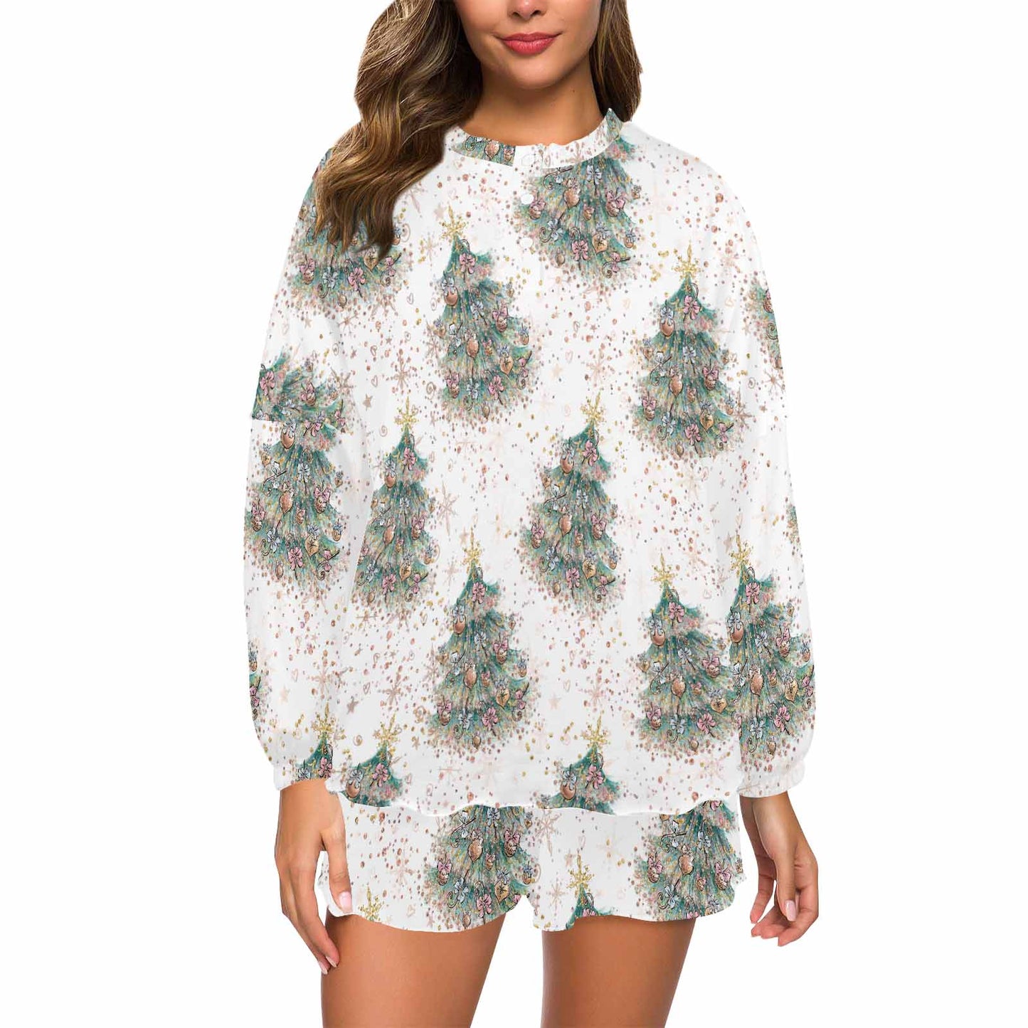 White Christmas Women's Long Sleeve Pajama Set with Shorts