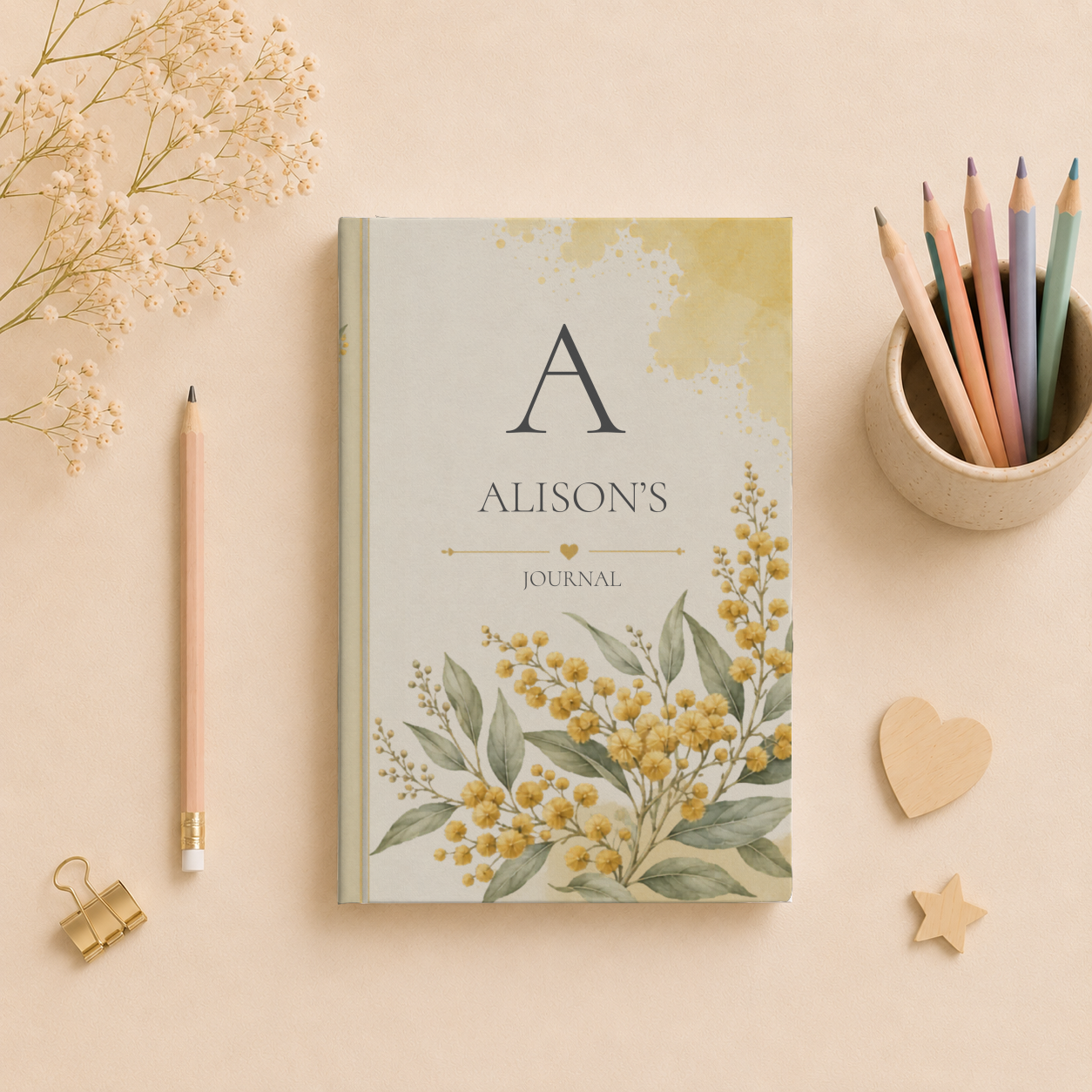 Personalized Hardcover Journal, Customizable Matte Notebook, Gift for Writers, Golden Wattle Floral Design Diary, Stationary Gift