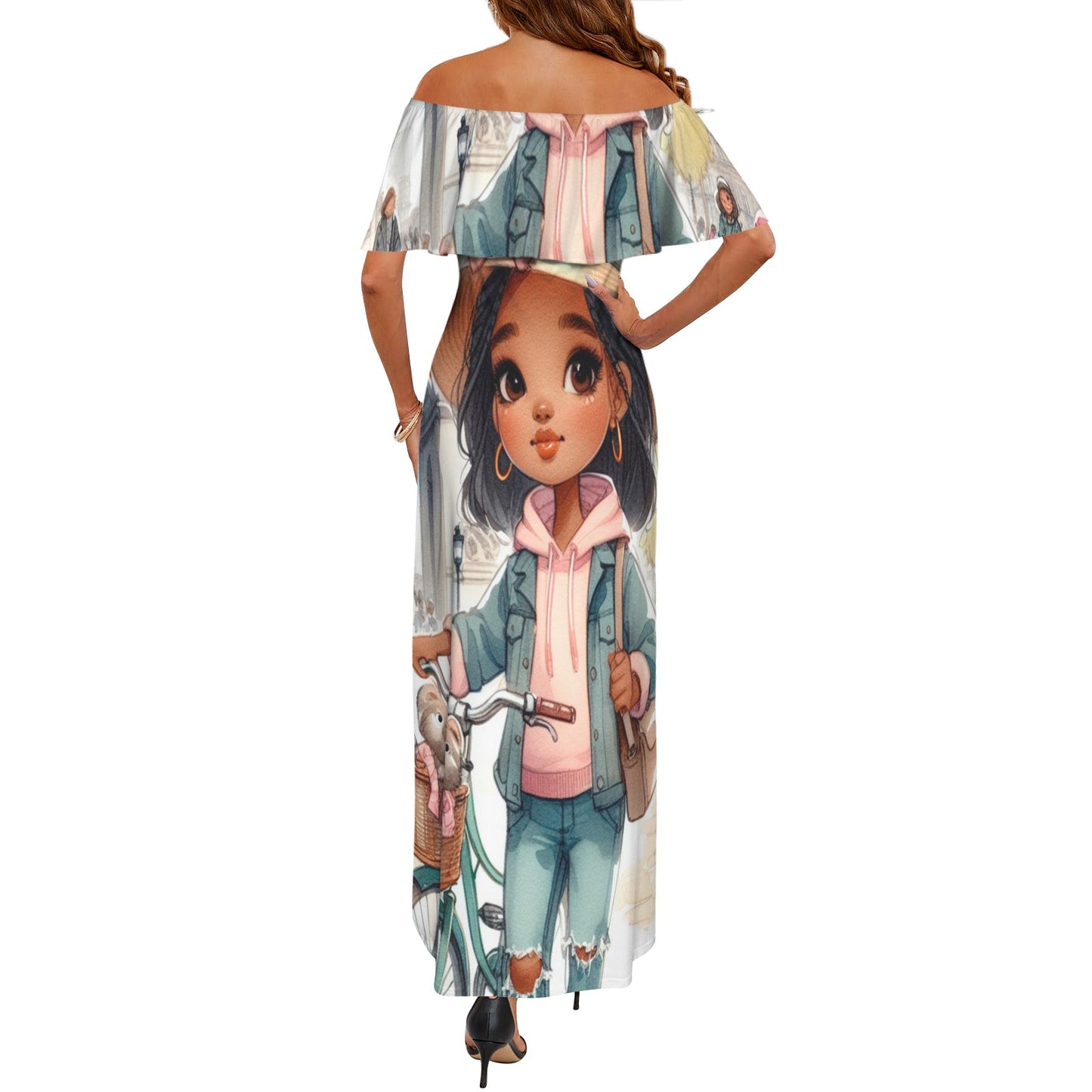 Girl 10 Women's Off Shoulder Ruffle Boat Neck Dress (Model D71)