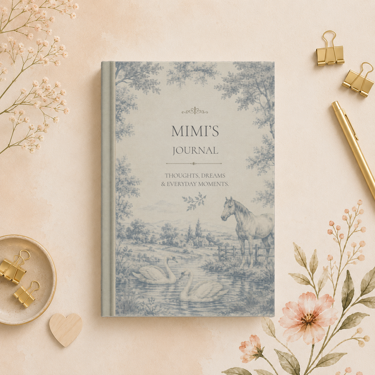Customizable Matte Hardcover Journal, Personalized Writing Notebook, Elegant Design, Horse and Swan Illustration, Gifts for Writers