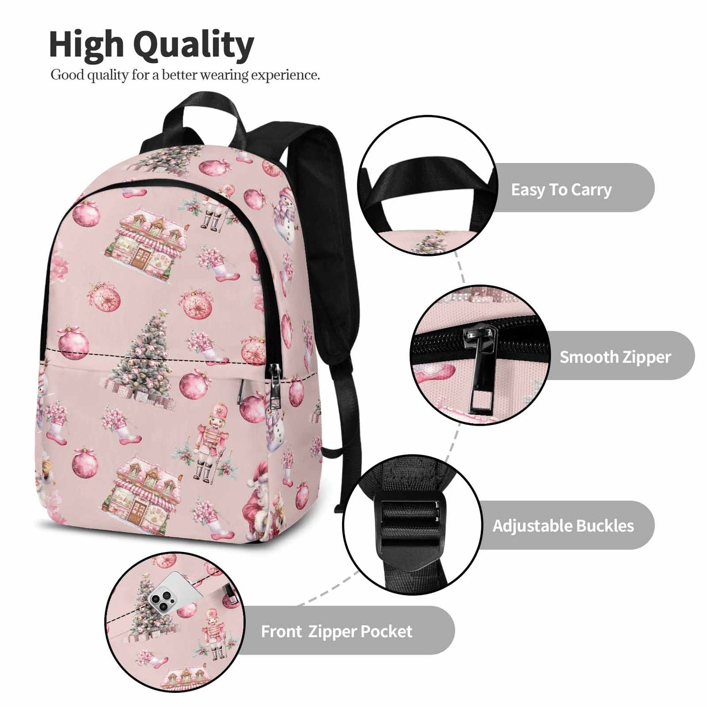 Pink Christmas Large Print Adult Casual Backpack