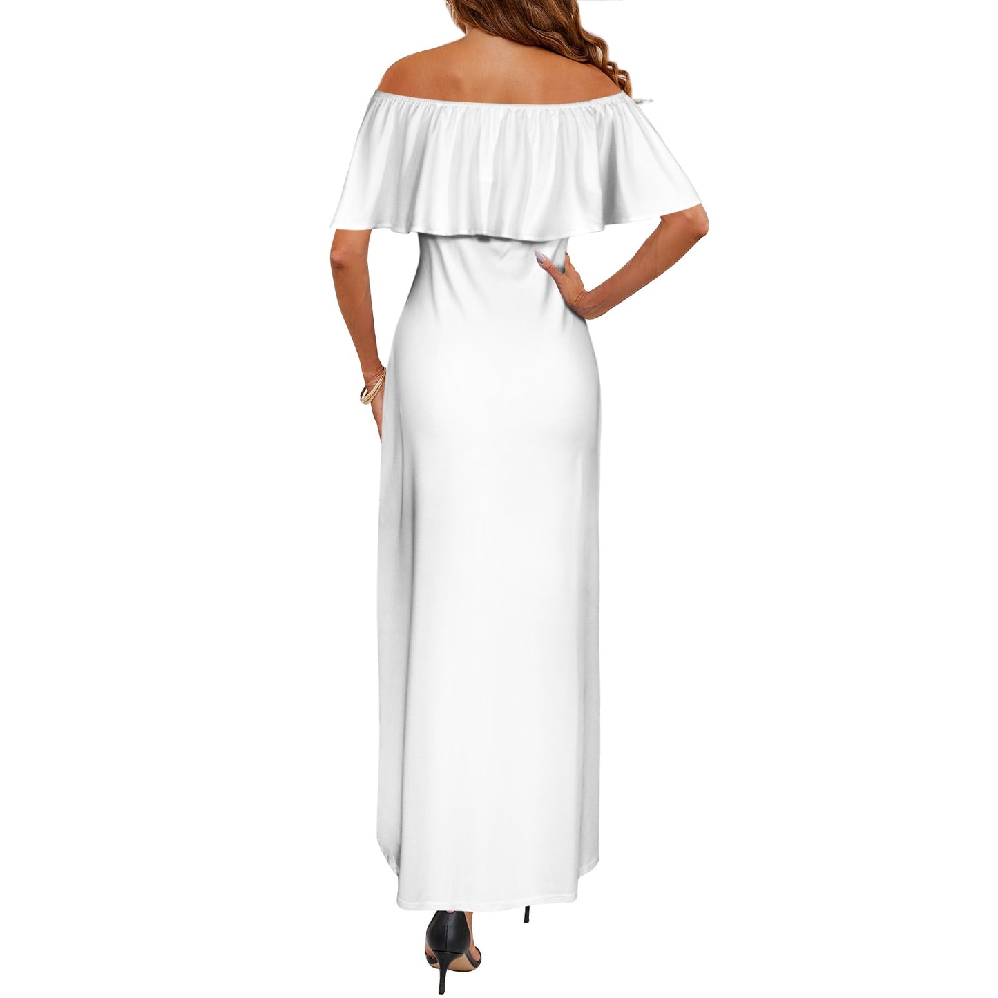 Rockabilly Roses Red Black White Women's Off Shoulder Ruffle Boat Neck Dress (Model D71)