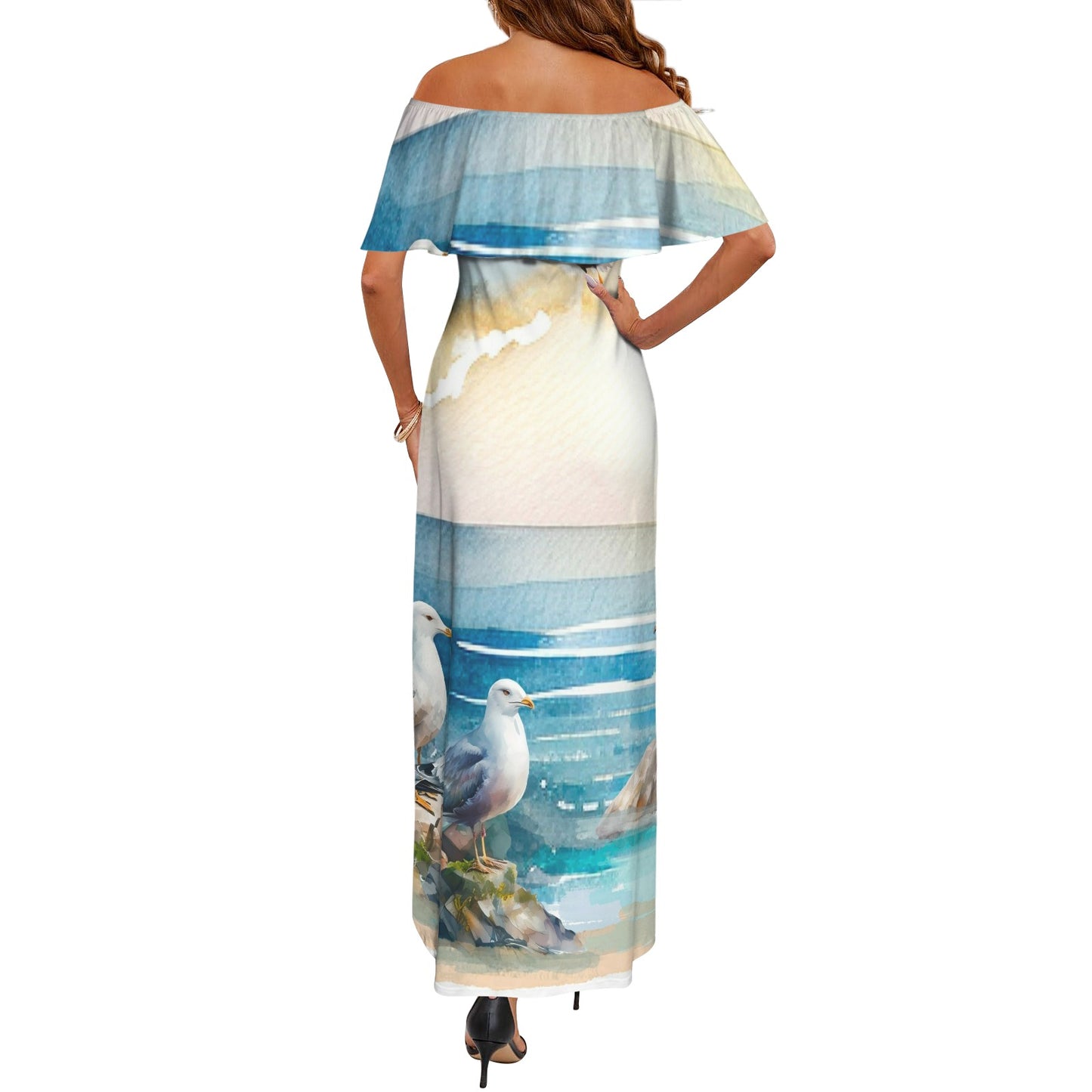 Seascape Women's Off Shoulder Ruffle Boat Neck Dress (Model D71)