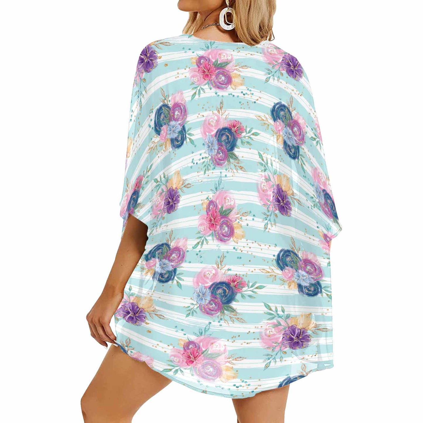 Purple and Pink floral Blue Stripes  Women's Kimono Chiffon Cover Up