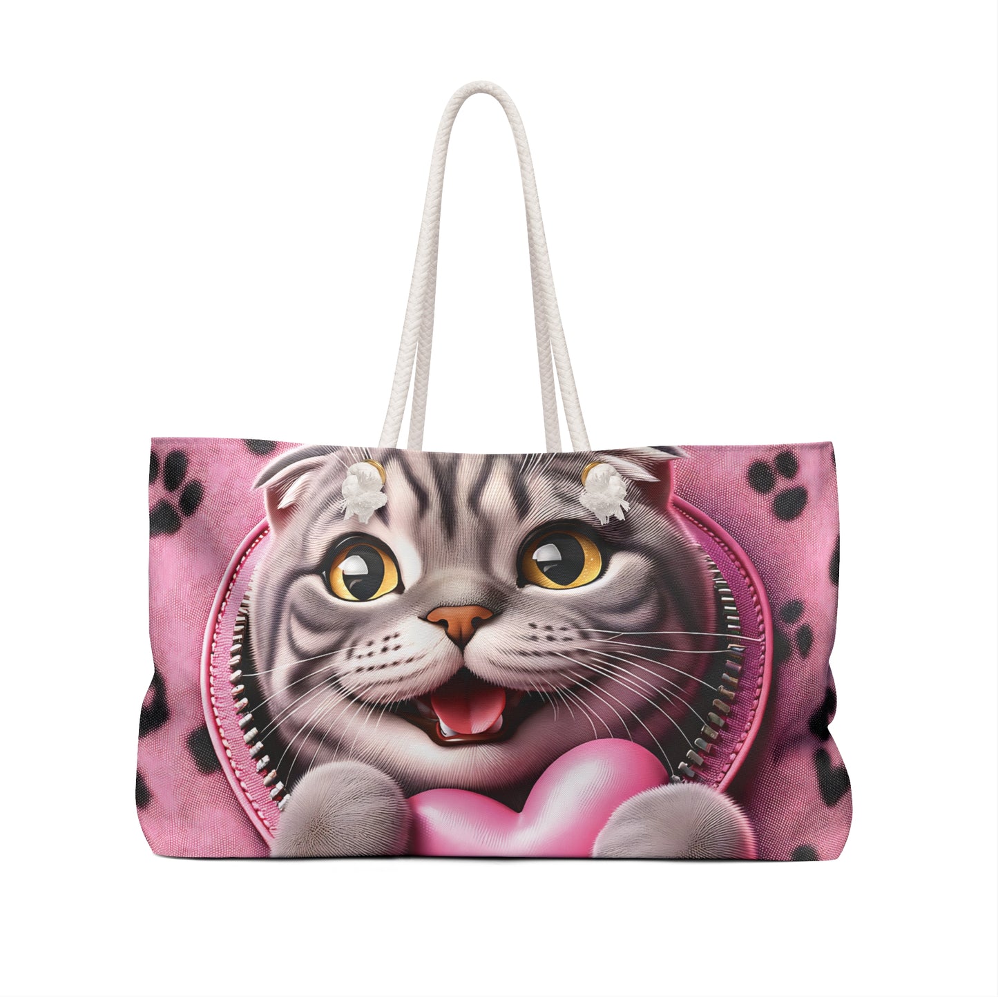 Personalised/Non-Personalised Weekender Bag, Cute Cat, Zipper, Valentines Day, Large Weekender Bag, Beach Bag, Book Bag