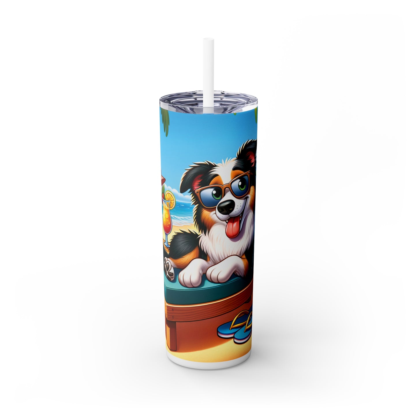 Skinny Tumbler with Straw, 20oz, Dog on Beach, Border Collie, awd-1105