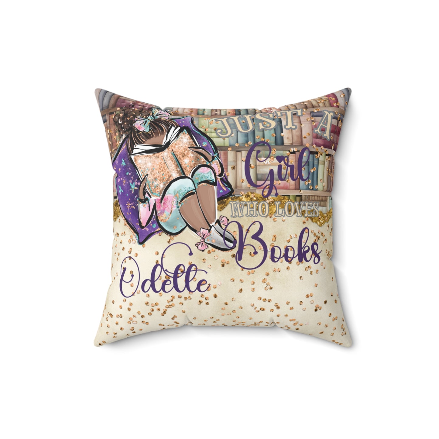 Polyester Square Pillow, Just a Girl who Loves Books, Dark Skin