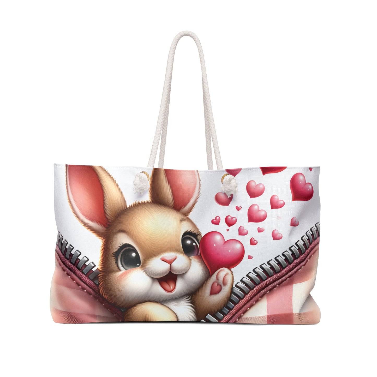 Personalised/Non-Personalised Weekender Bag, Cute Rabbit, Zipper, Valentines Day, Large Weekender Bag, Beach Bag, Book Bag