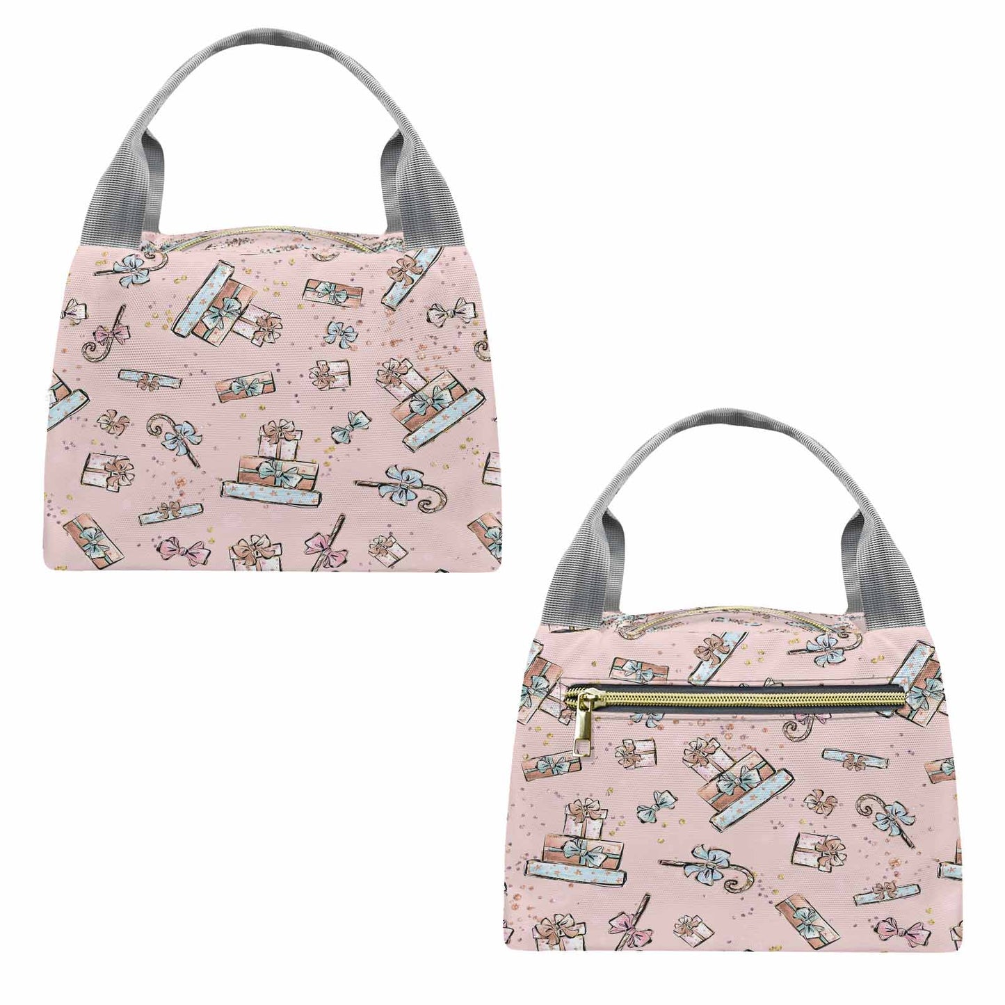 Pink Christmas  Portable Lunch Bag-Grey Handle