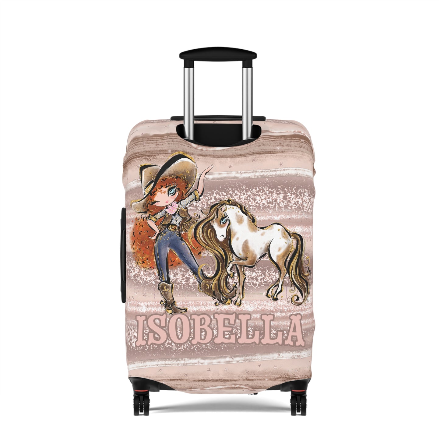 Luggage Cover, Howdy Cowgirl and Horse, Red Curly Hair Blue Eyes