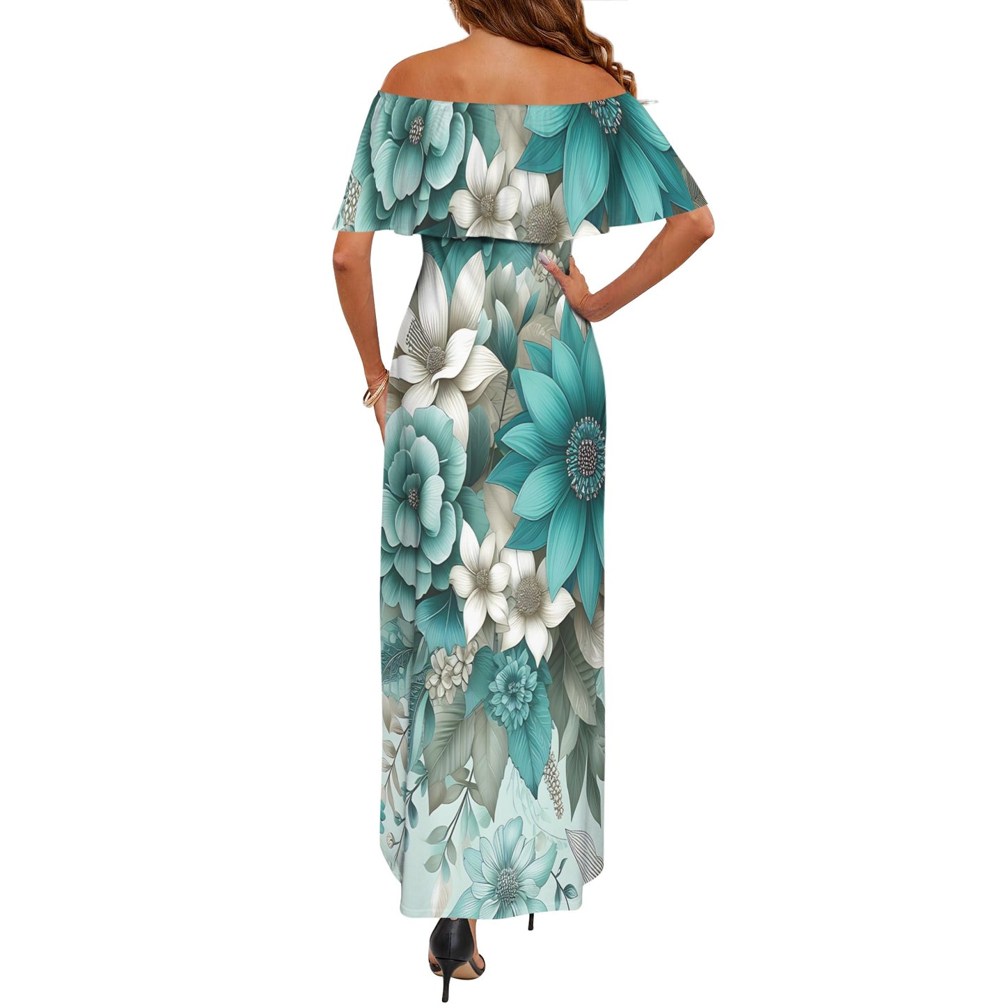 Green Floral awd440 Women's Off Shoulder Ruffle Boat Neck Dress (Model D71)