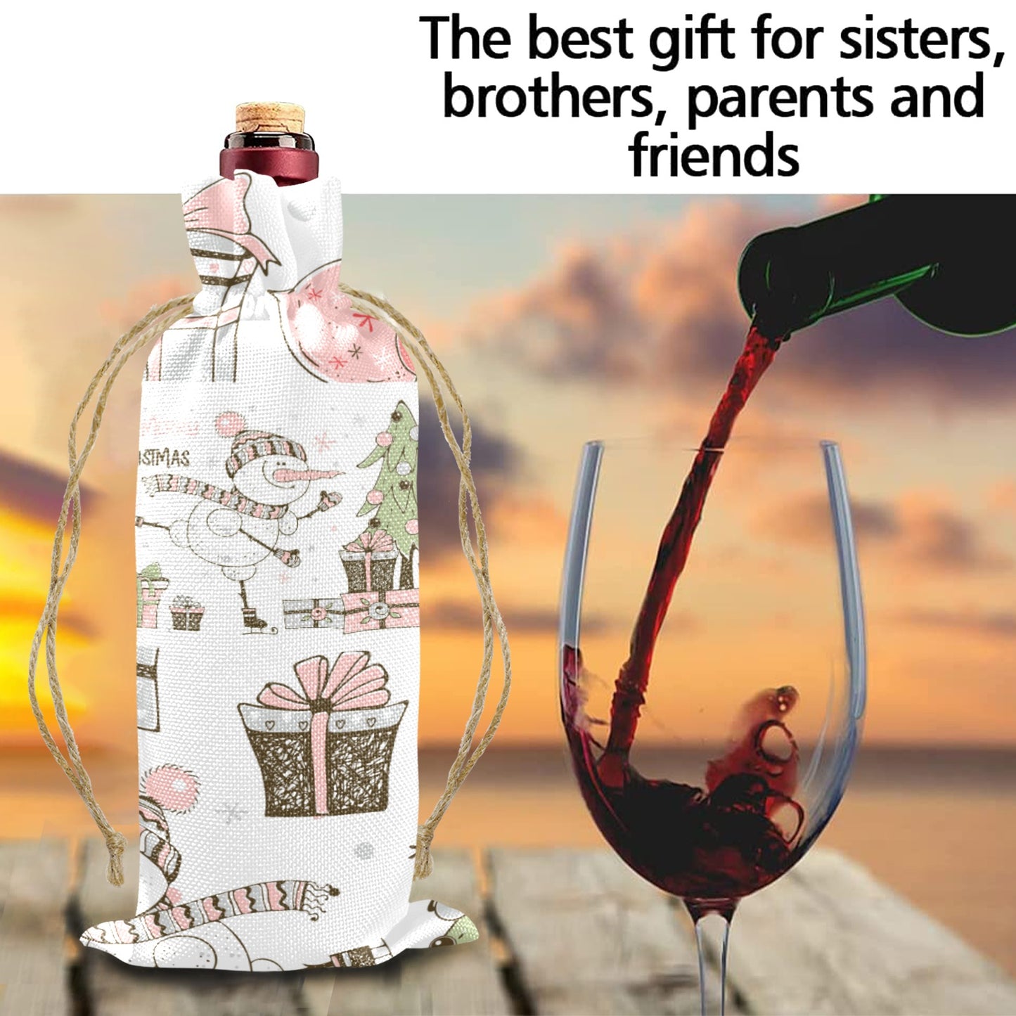 whimsical snowmen Linen Wine Bottle Bag