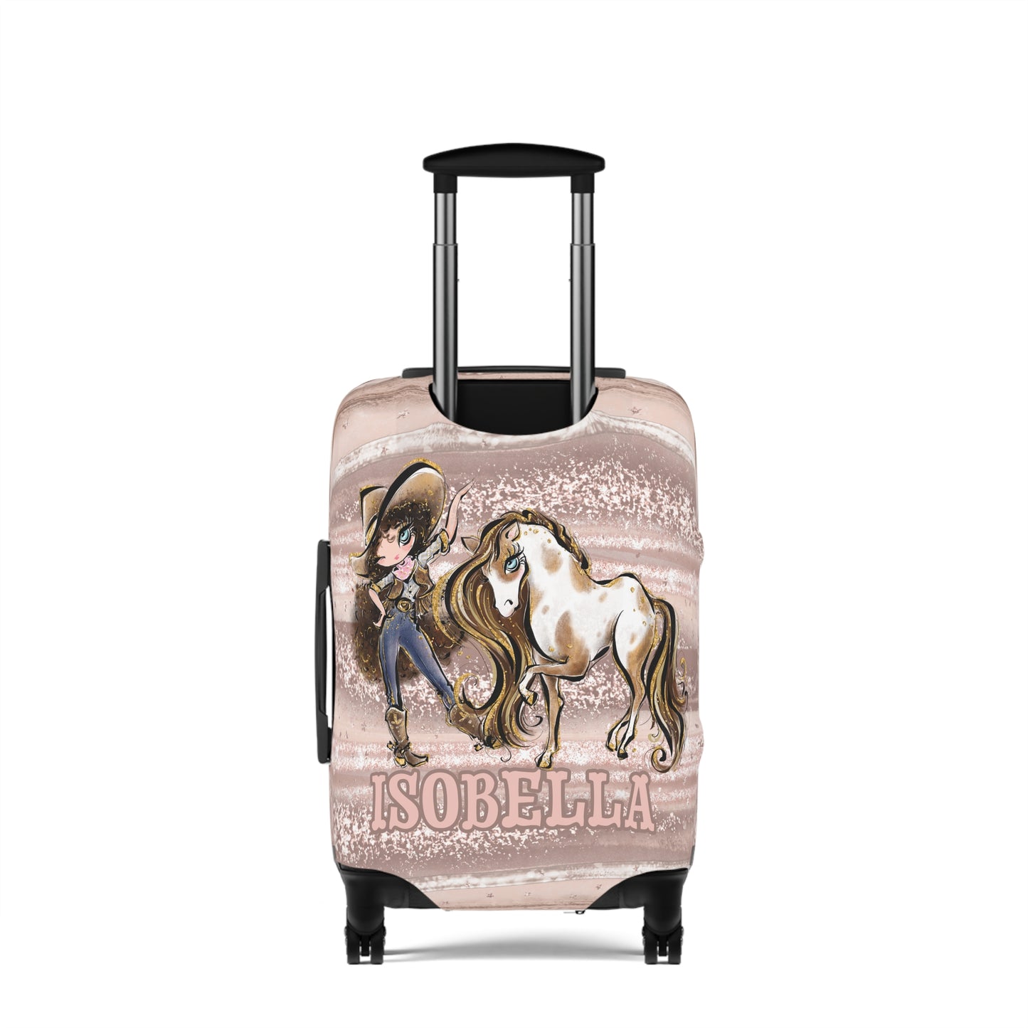 Luggage Cover, Howdy Cowgirl and Horse, Brunette Curly Hair Blue Eyes