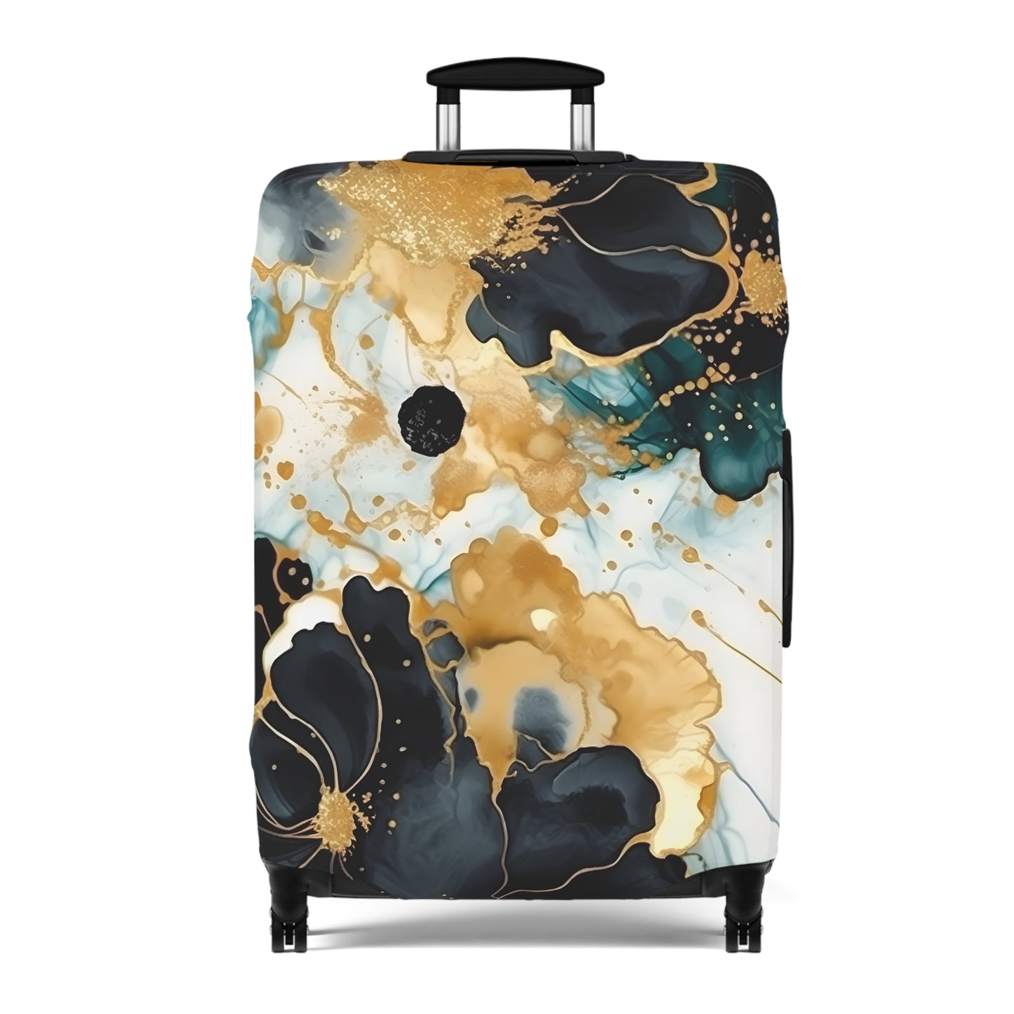 Luggage Cover, Alcohol Ink Black, Green and Gold Floral