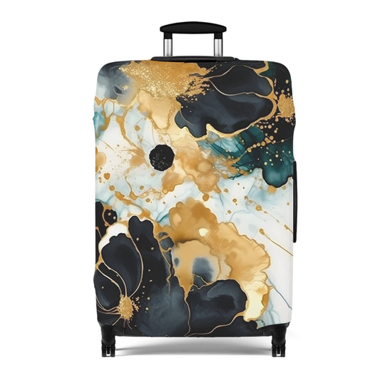 Luggage Cover, Alcohol Ink Black, Green and Gold Floral