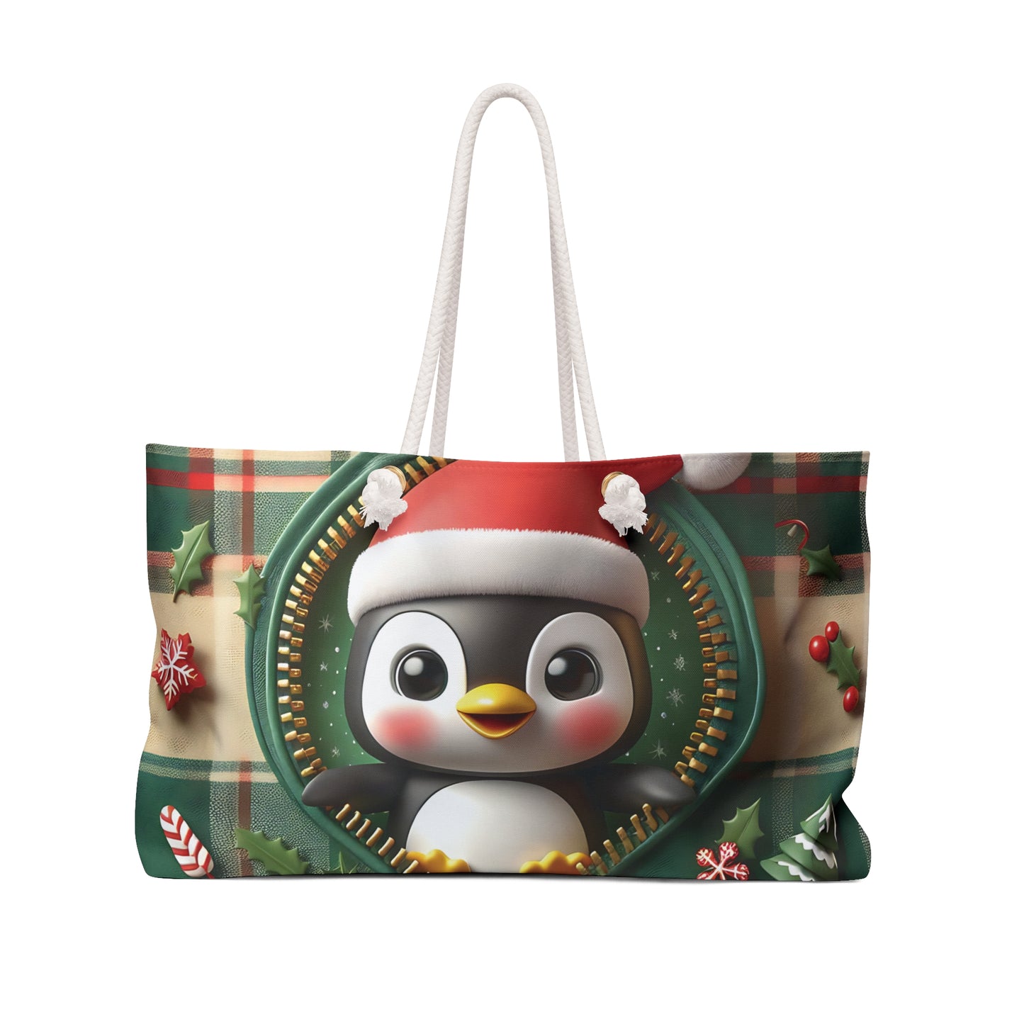 Personalised/Non-Personalised Weekender Bag, Cute Penguin, Christmas, Tartan, Large Weekender Bag, Beach Bag, Book Bag