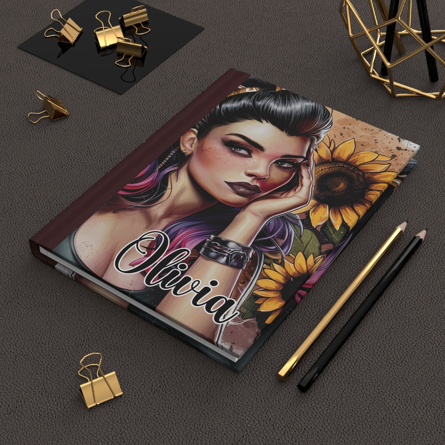 Personalised Hardcover Journal Matte, Girl and Sunflowers, awd-1674