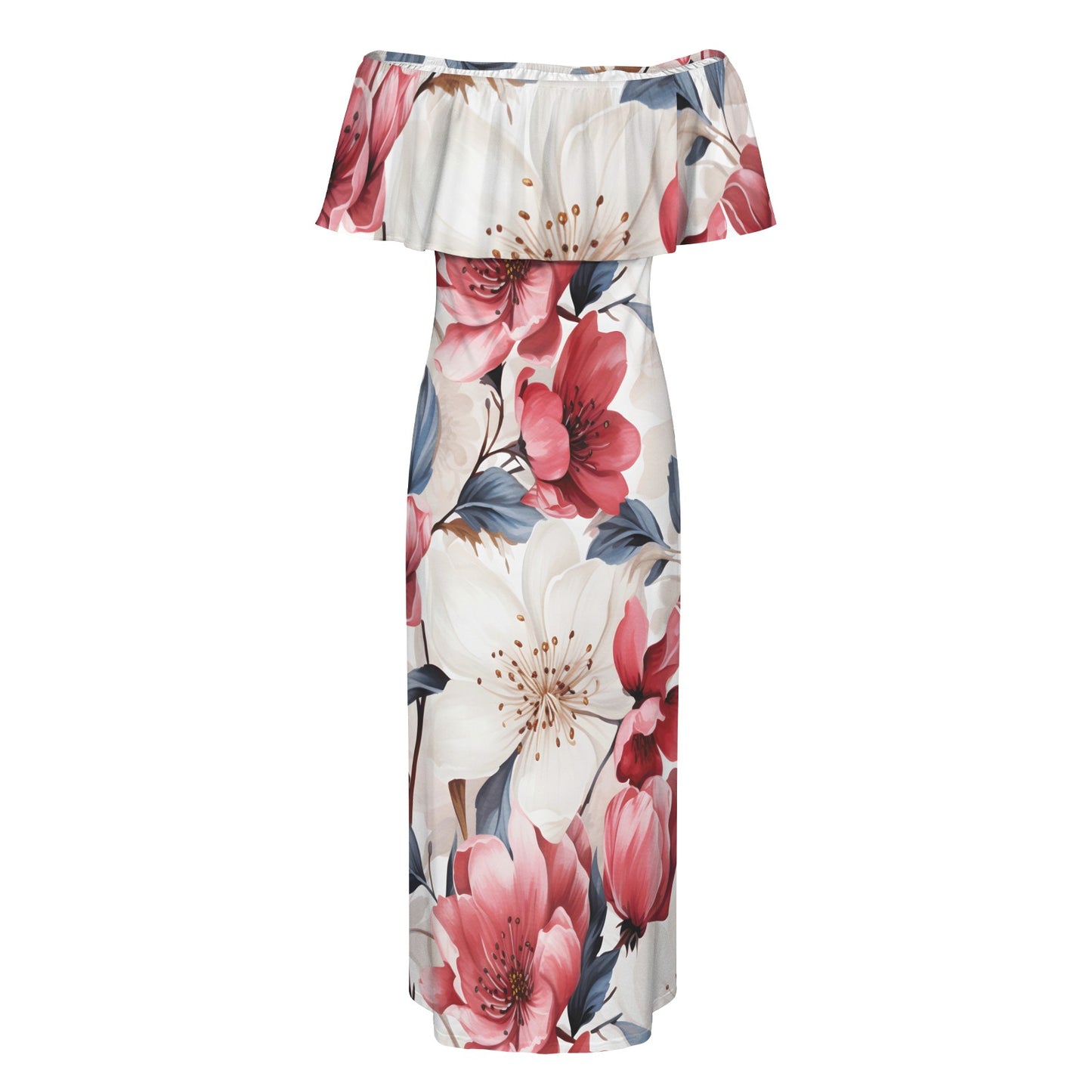 Pink Floral Women's Off Shoulder Ruffle Boat Neck Dress (Model D71)