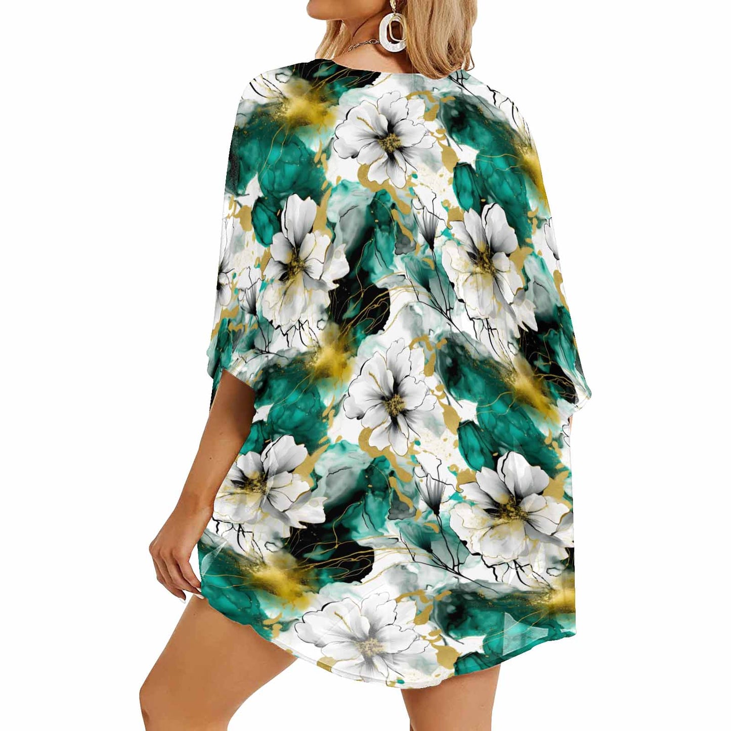 Green and White Ink Floral Women's Kimono Chiffon Cover Up