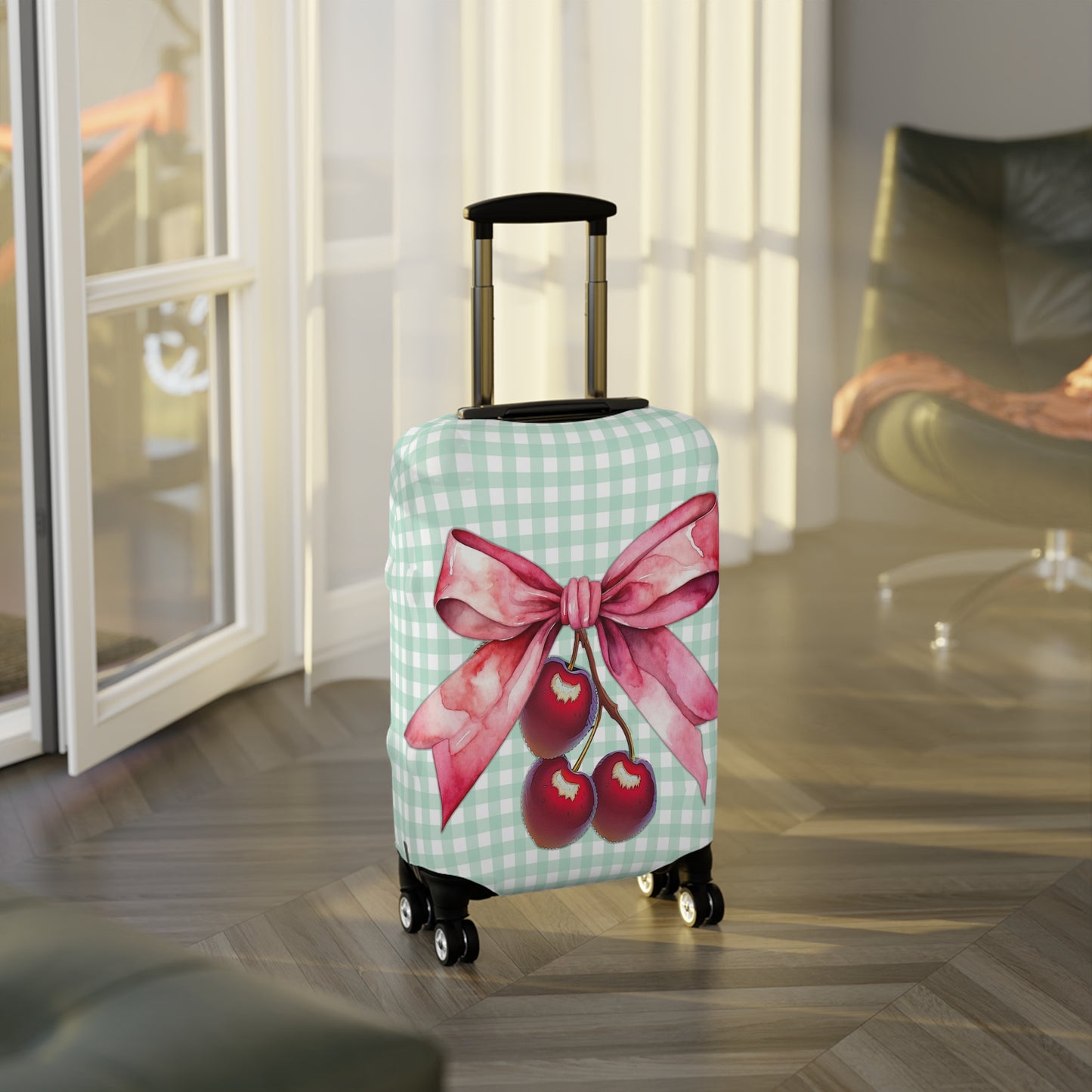 Luggage Cover, Rockabilly, Coquette, Pastel Green Gingham, Cherries and Ribbon, awd-2511