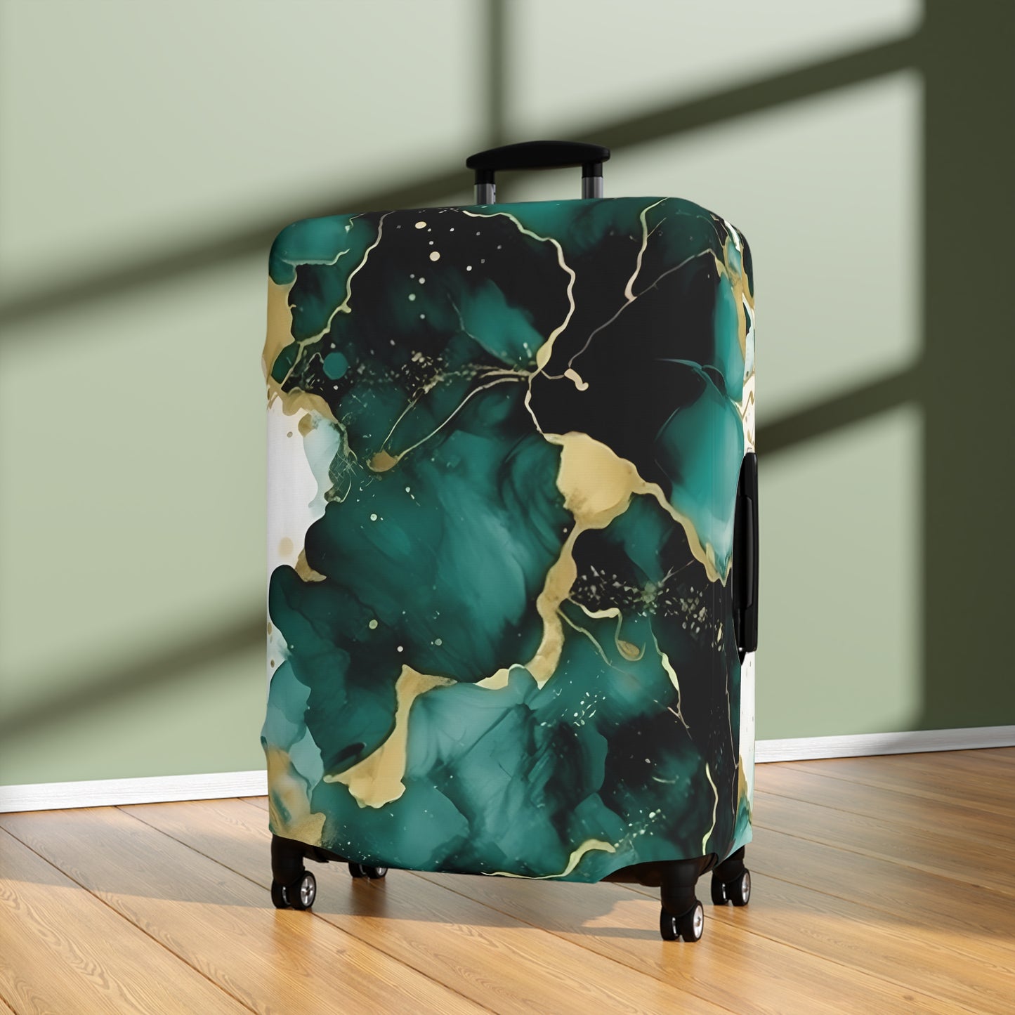 Luggage Cover, Alcohol Ink Green and Gold Floral