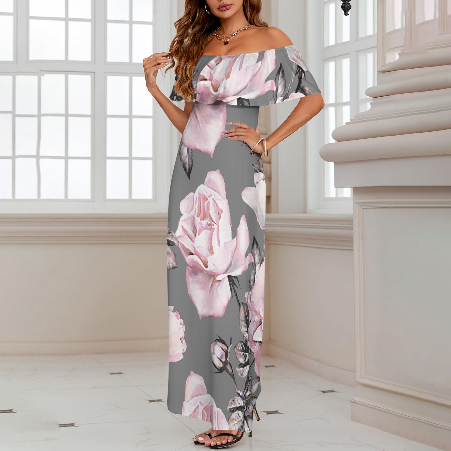 Pink Floral Sakura Women's Off Shoulder Ruffle Boat Neck Dress (Model D71)