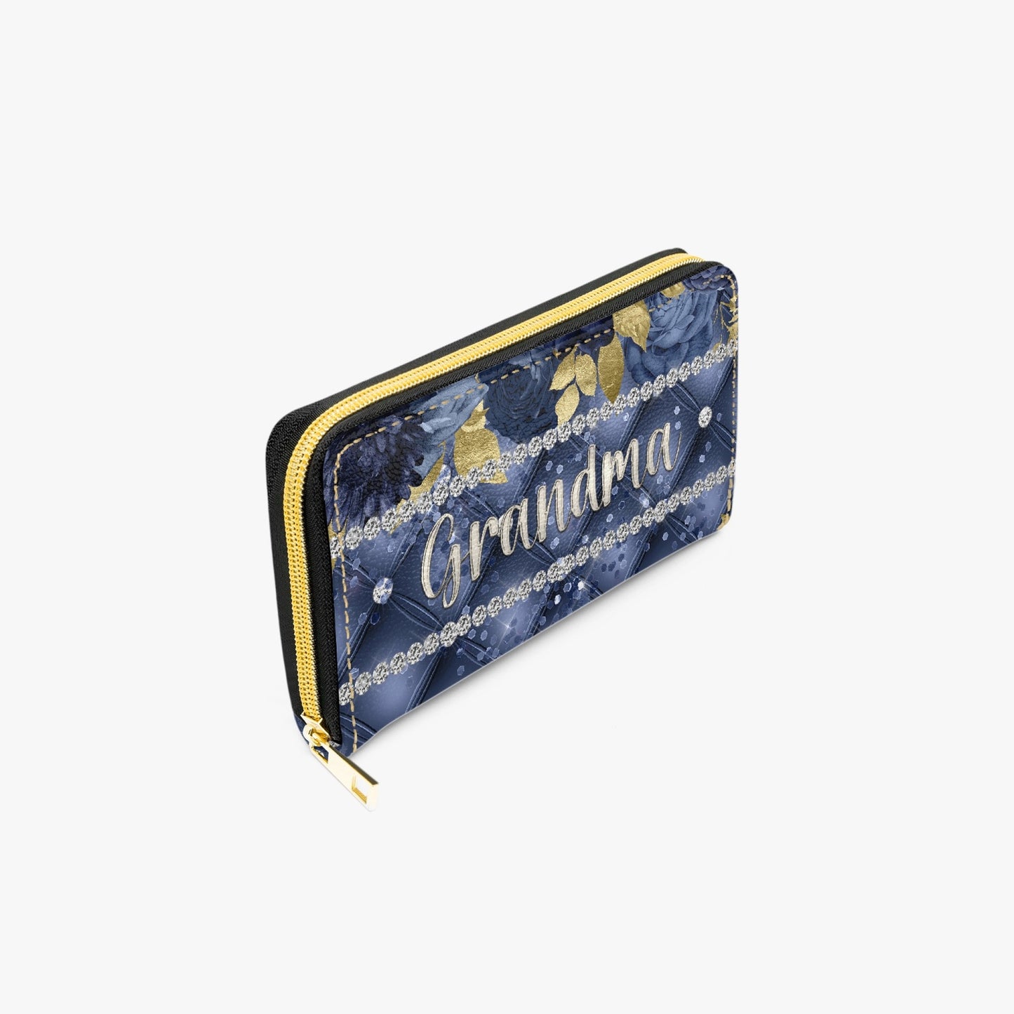 Long Type Zipper Purse - Navy Blue Floral - Grandma