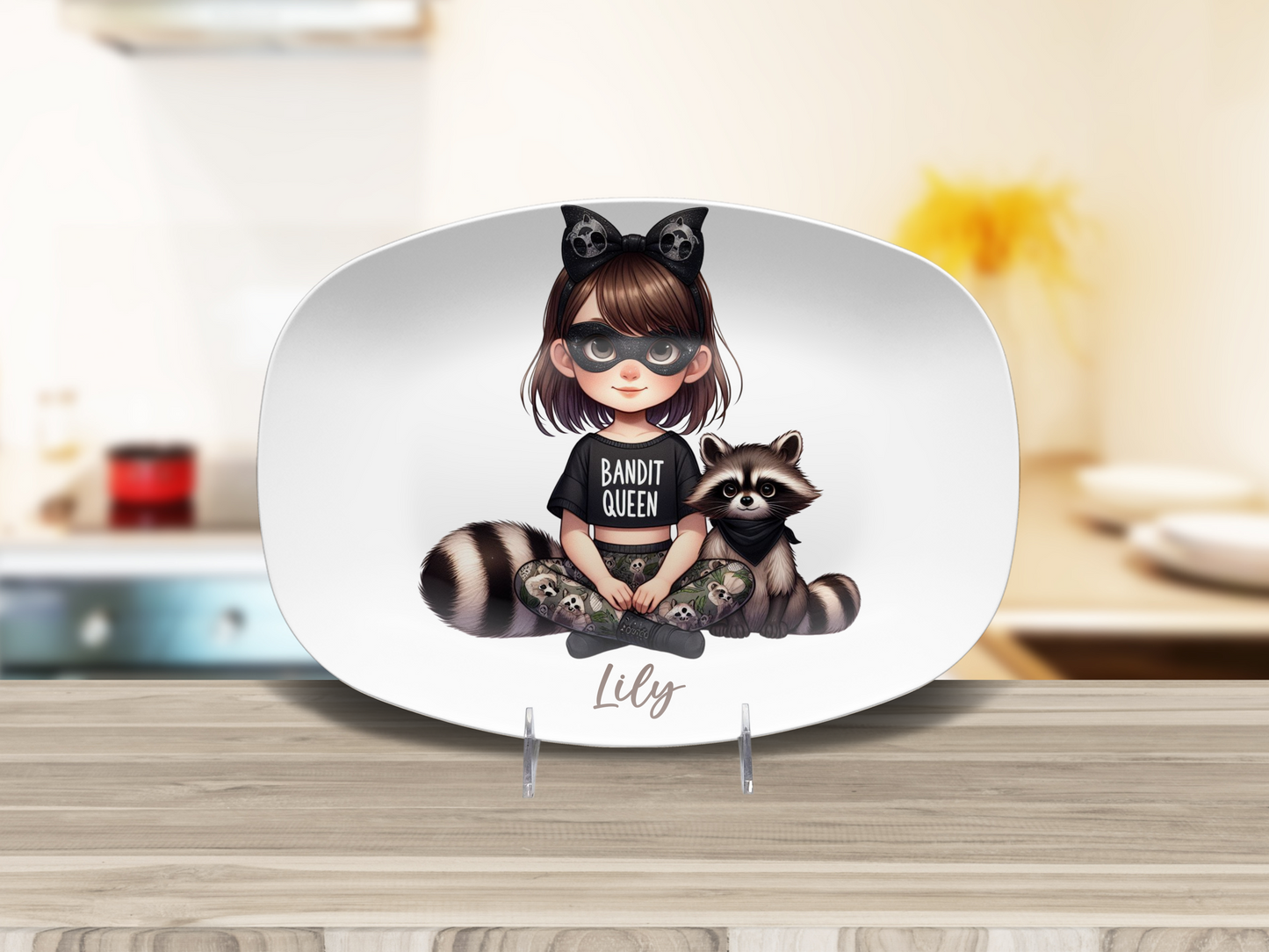 Personalised Girl with Bunny, Cow, Monkey, Penguin, Puppy, Racoon, Swan, Teddy Bear, Zebra Plates