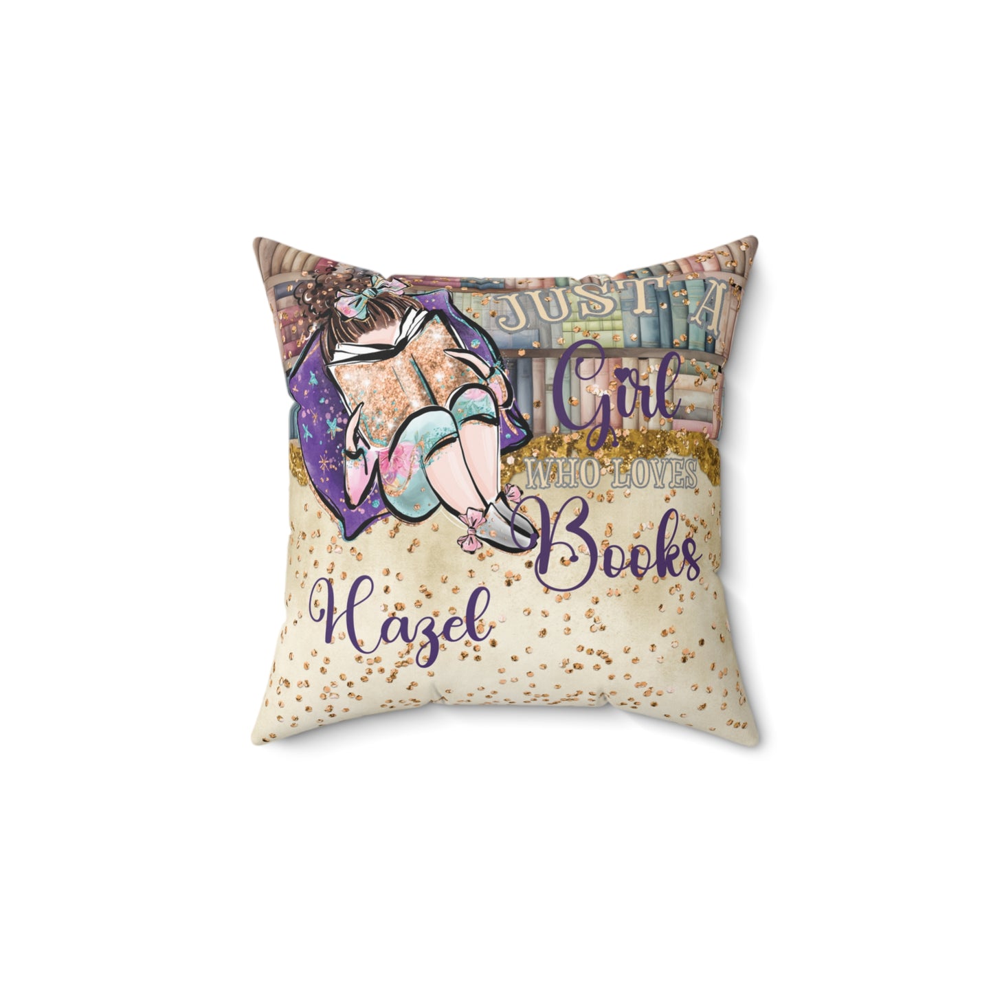 Polyester Square Pillow, Just a Girl who Loves Books, Brunette Hair