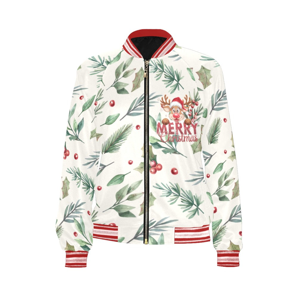 Christmas Poinsettia Pattern Bomber Jacket for Women