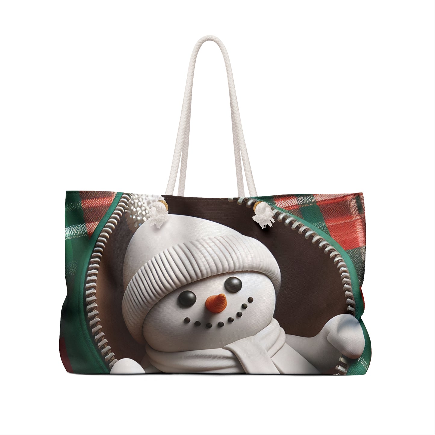 Personalised/Non-Personalised Weekender Bag, Cute Snowman, Christmas, Tartan, Large Weekender Bag, Beach Bag, Book Bag