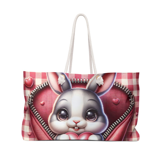 Personalised/Non-Personalised Weekender Bag, Cute Rabbit, Zipper, Valentines Day, Large Weekender Bag, Beach Bag, Book Bag