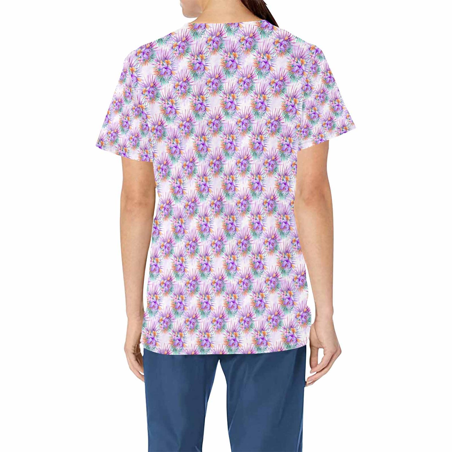 Purple Hibiscus  Women's V Neck Scrub Top Nurse Uniform with Deep Front Pockets