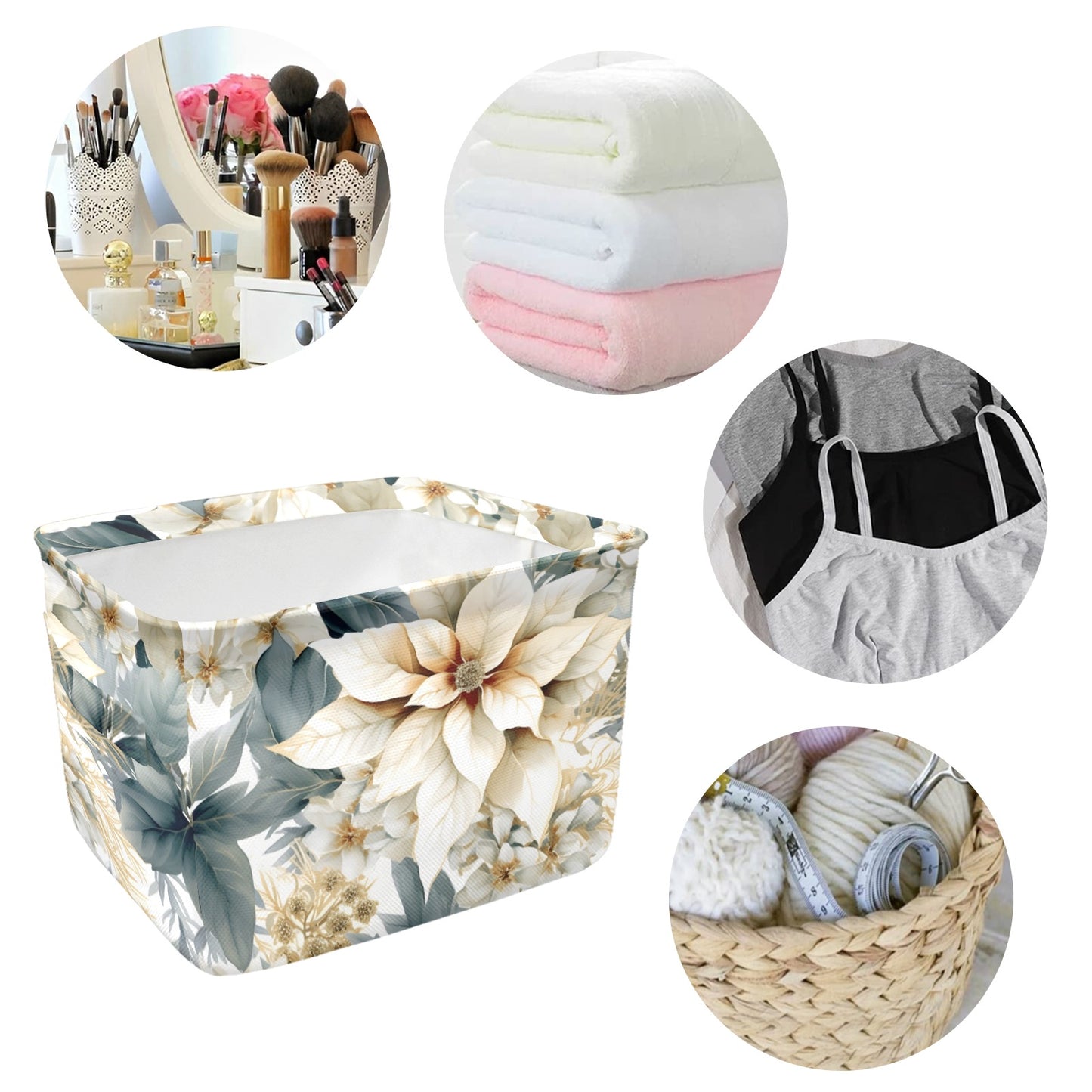 Cream Poinsettia Fabric Storage Basket