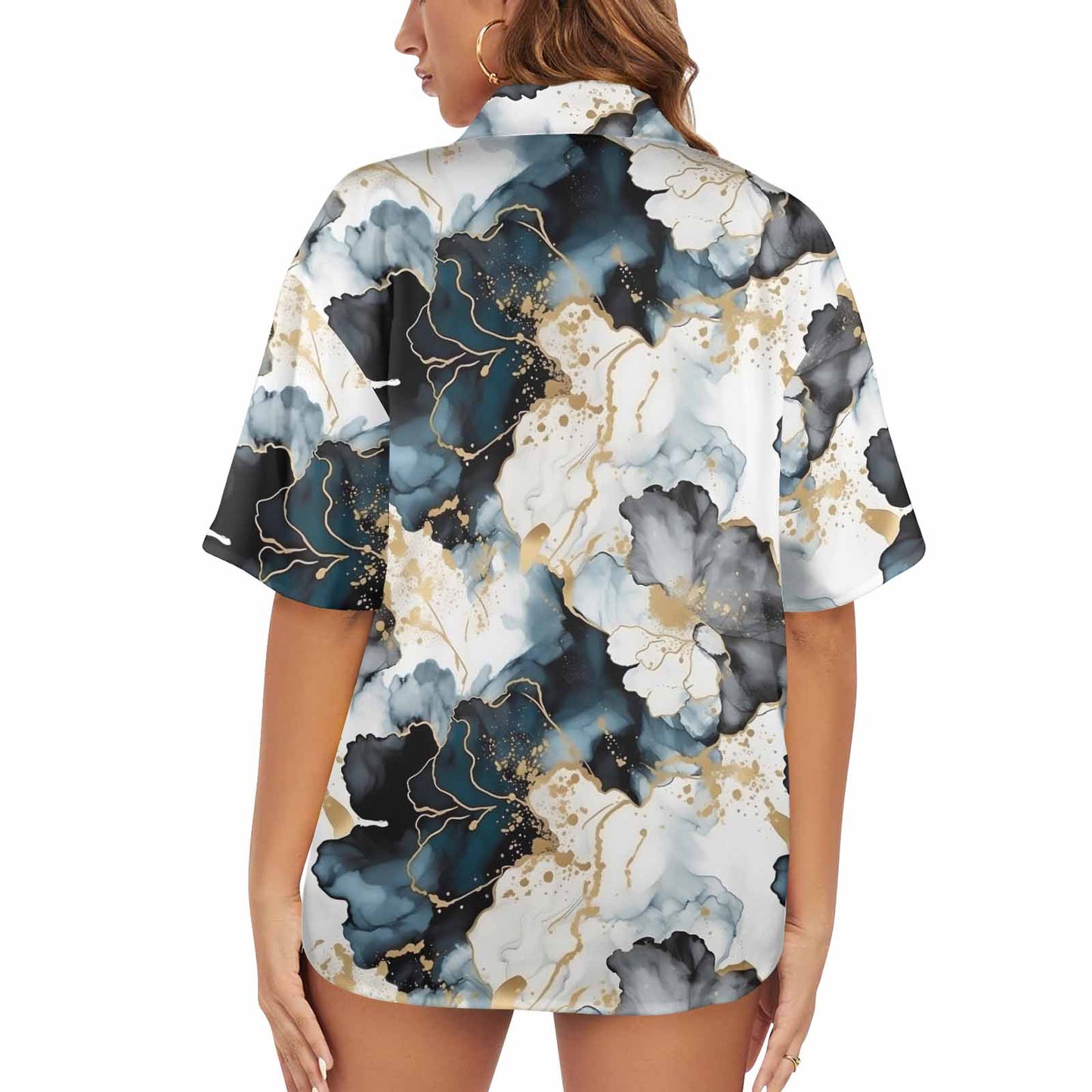 Black Ink Floral  Women's Hawaiian Shirt