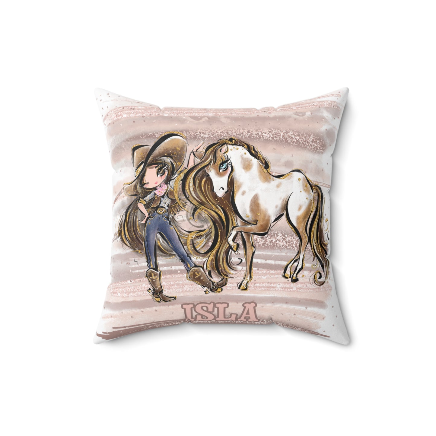 Personalised Cowgirl and Horse Cushion,  Brown Hair, Brown Eyes, Polyester Square Cushion, Christmas cushion