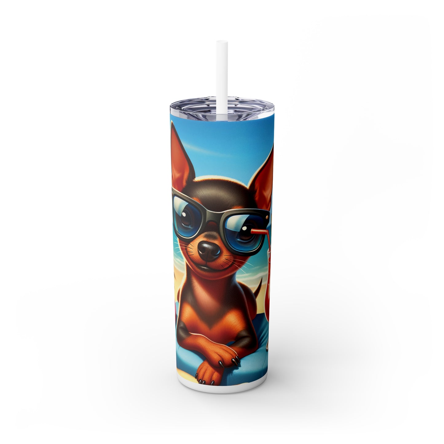 Skinny Tumbler with Straw, 20oz, Dog on Beach, Miniature Pincher, awd-1225