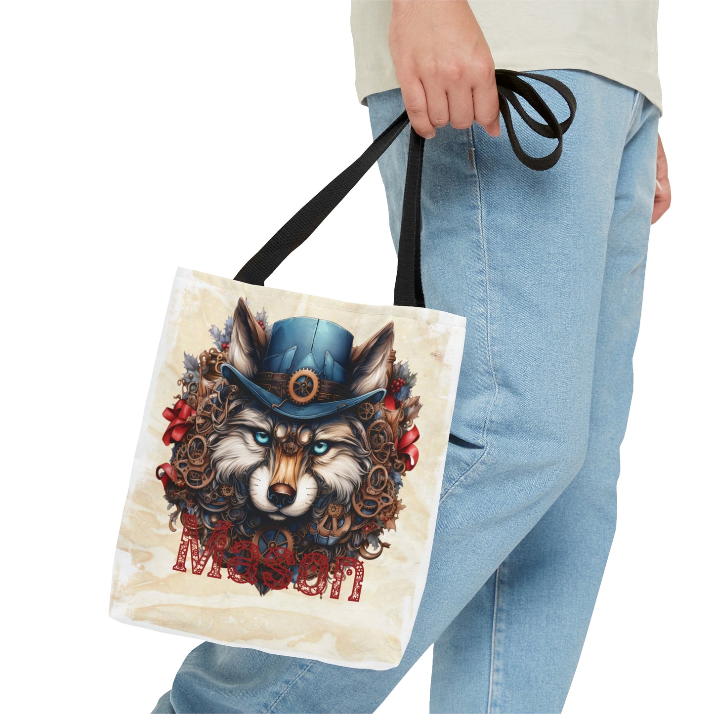 Steampunk Wolf wreath Personalised Tote Bag, Steampunk Christmas bag, Christmas Tote Bag, Personalised/Non-Personalised