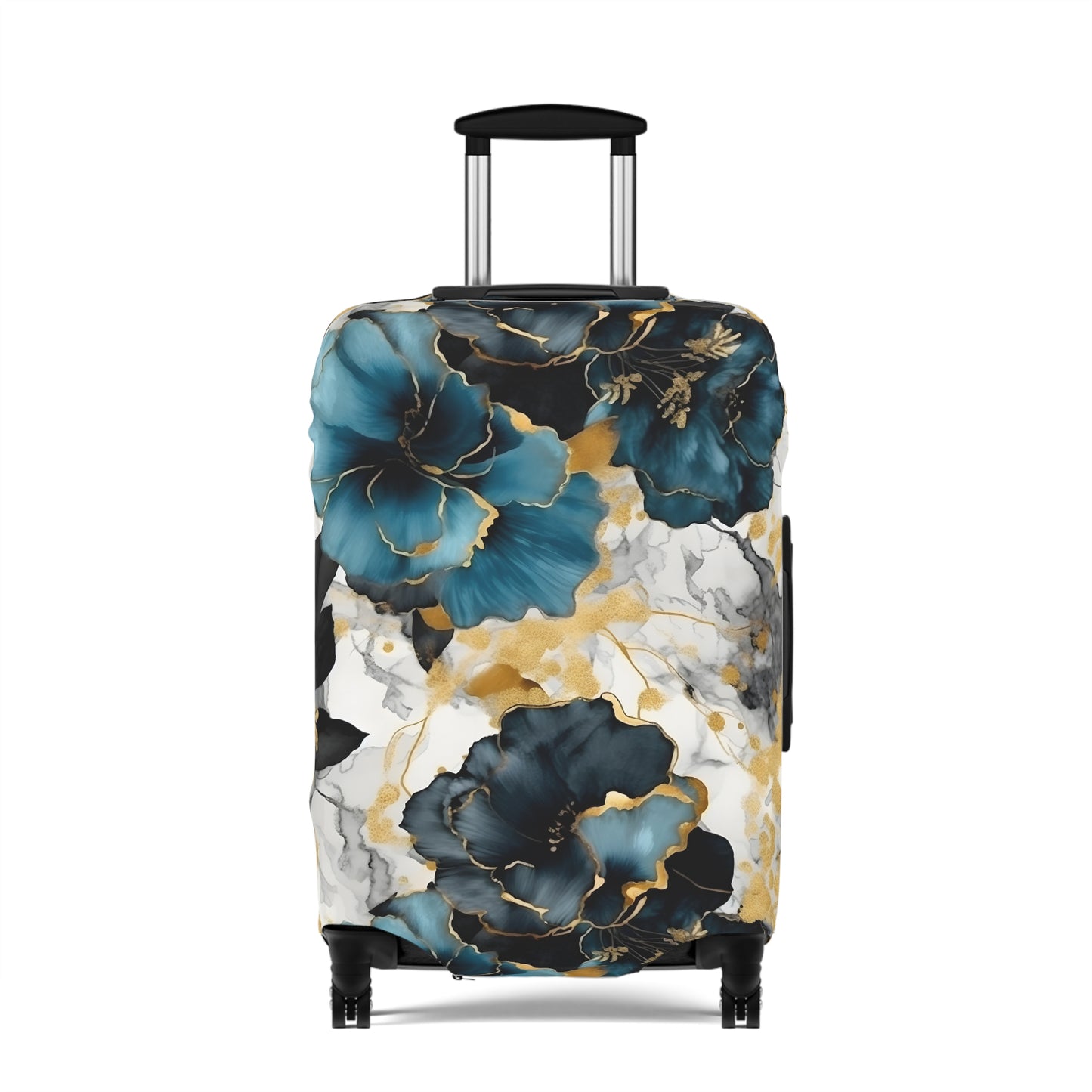 Luggage Cover, Alcohol Ink Black, Blue and Gold Floral