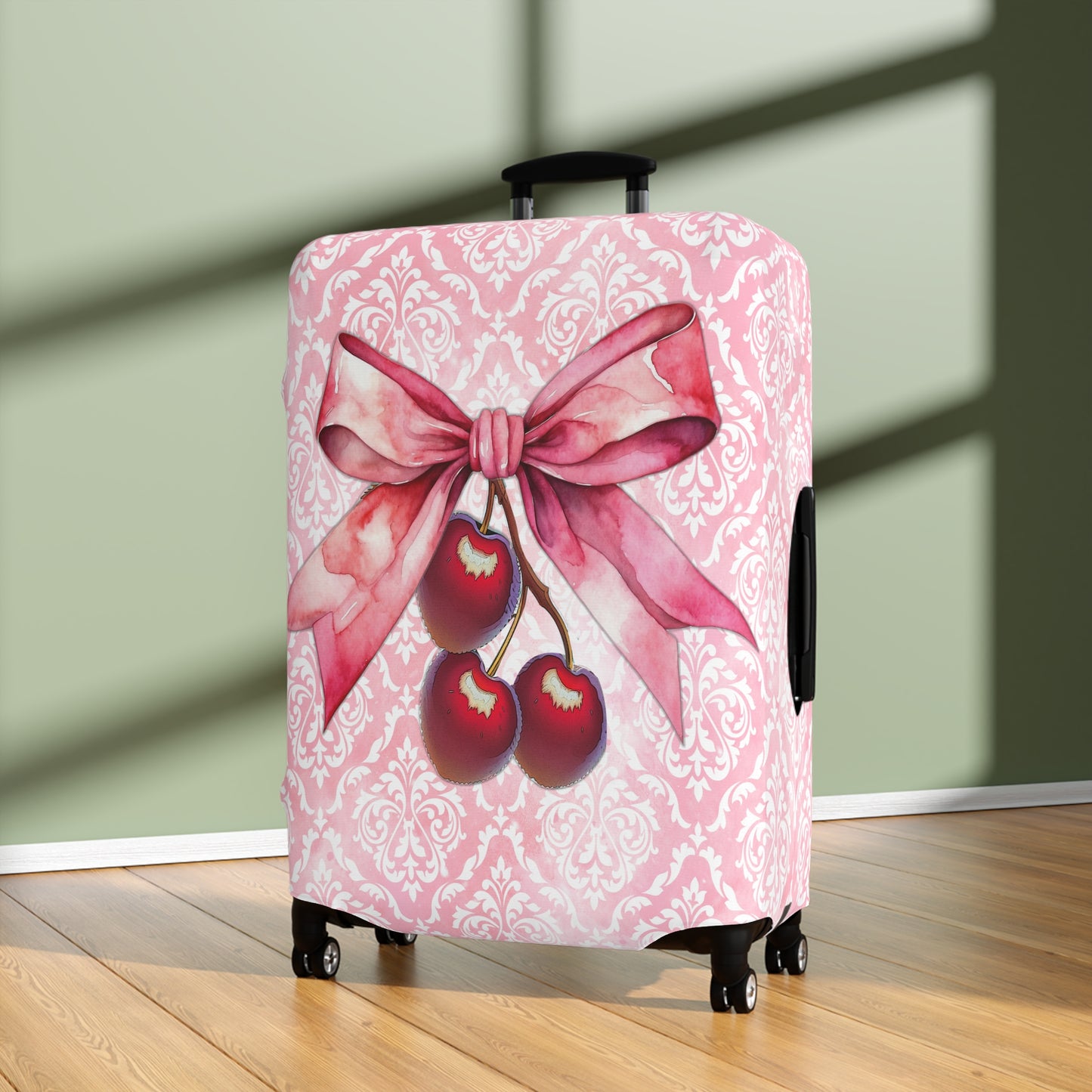 Luggage Cover, Rockabilly, Coquette, Pink Damask, Cherries and Ribbon, awd-2507