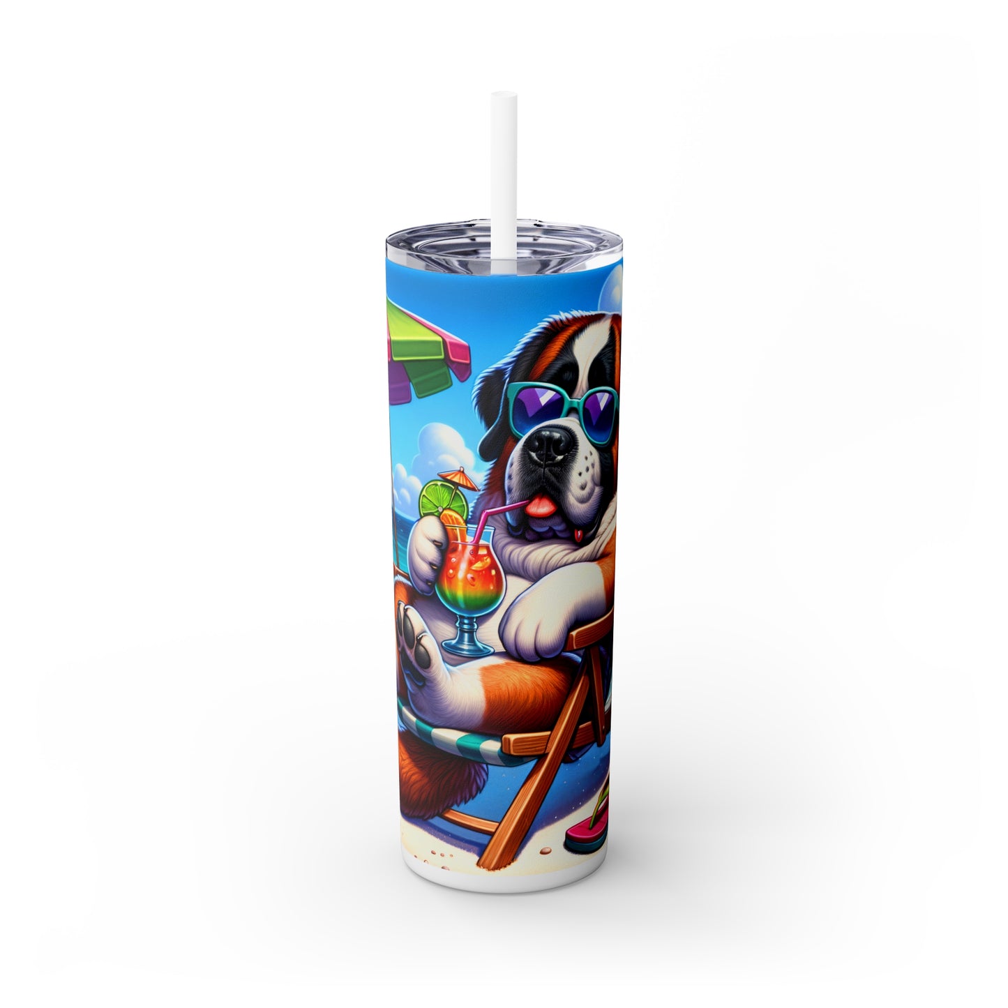 Skinny Tumbler with Straw, 20oz, Dog on Beach, St Bernard, awd-1246