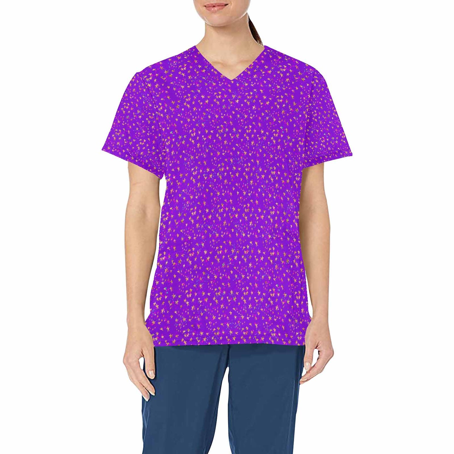 Purple Stars  Women's V Neck Scrub Top Nurse Uniform with Deep Front Pockets