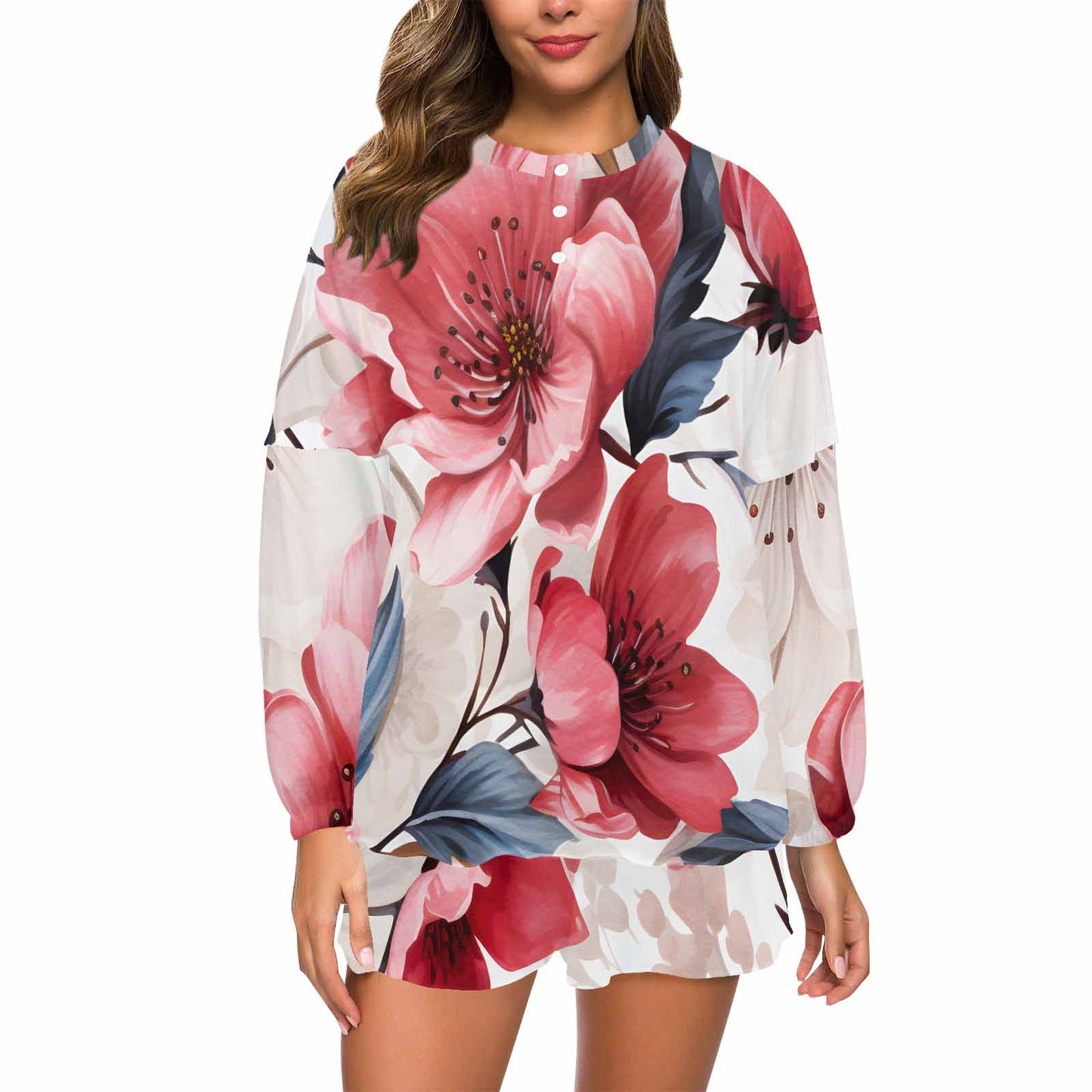 Pink Floral  Women's Long Sleeve Pajama Set with Shorts