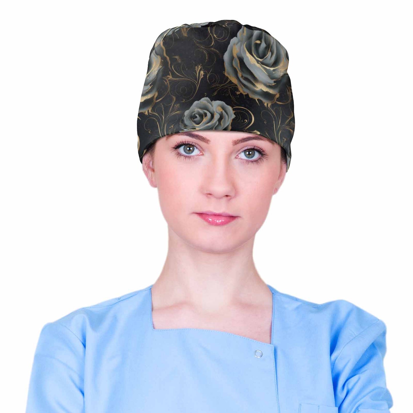 Nurse Scrub Cap Black and Grey Roses  Scrub Cap