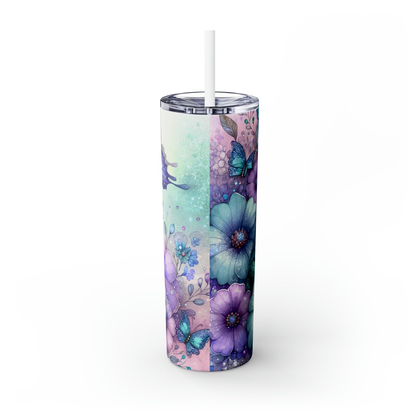 Skinny Tumbler with Straw, 20oz, Floral & Frog, awd-413