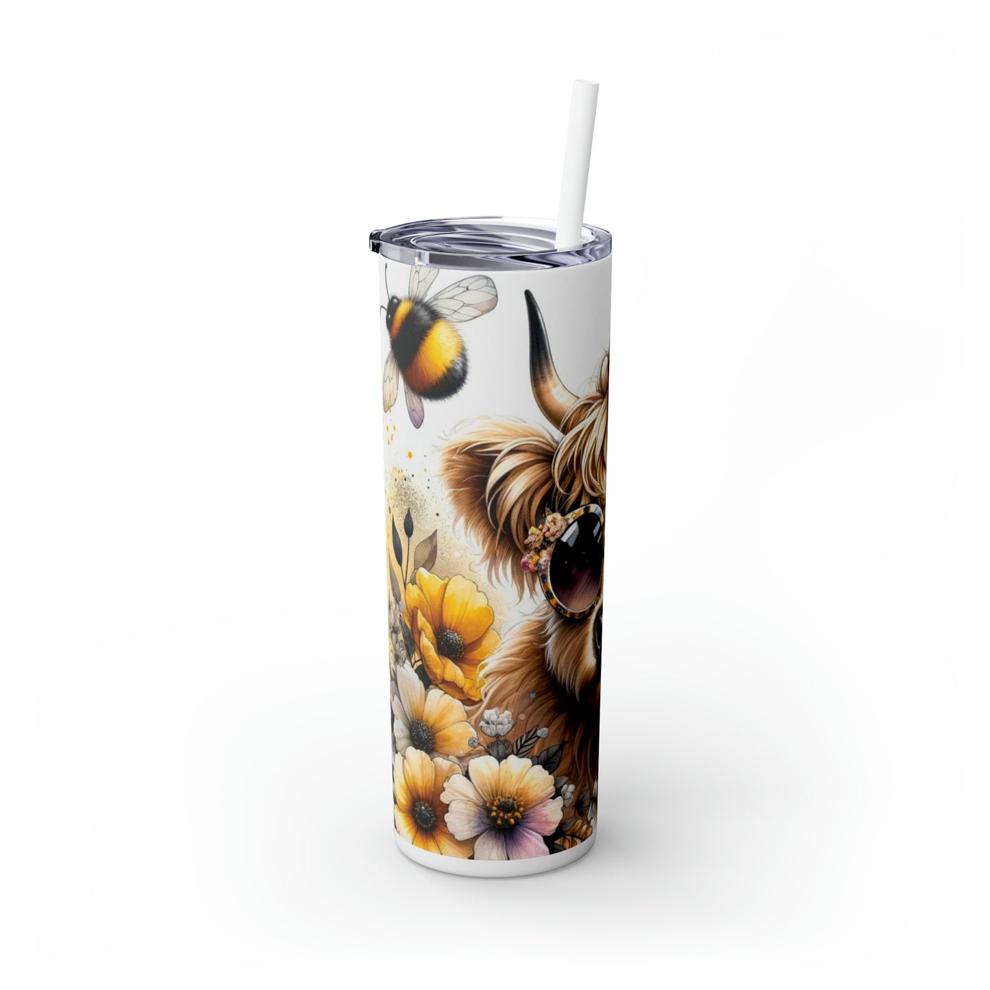 Skinny Tumbler with Straw, 20oz, Highland Cow, Sunflowers, Bees, awd-701