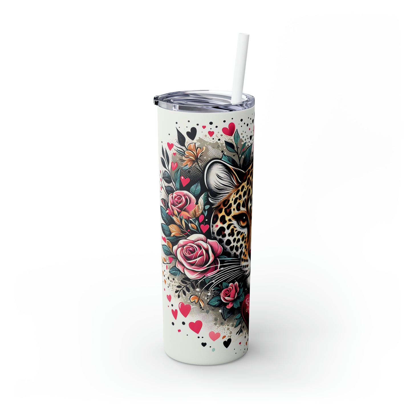 Skinny Tumbler with Straw, 20oz, Heart Leopard, awd-422