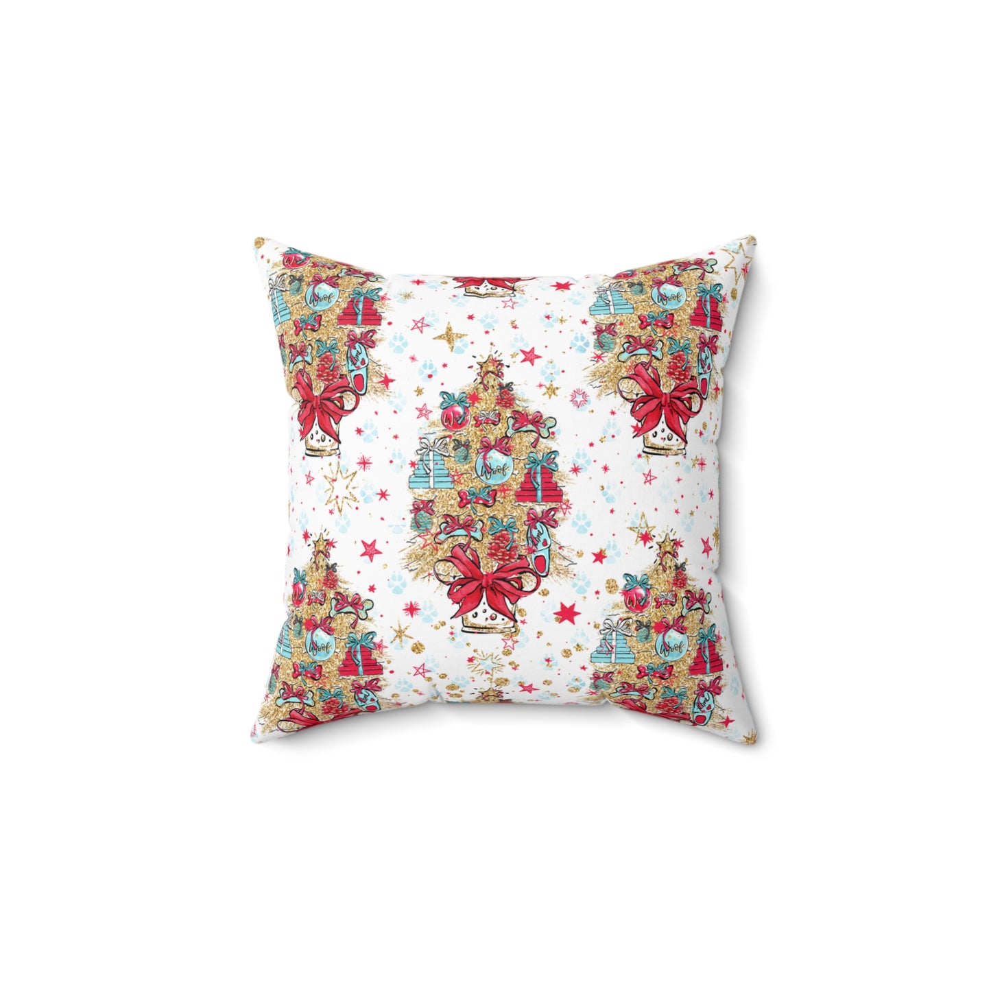 Spun Polyester Square Pillow, Doggie Christmas Tree Cushion